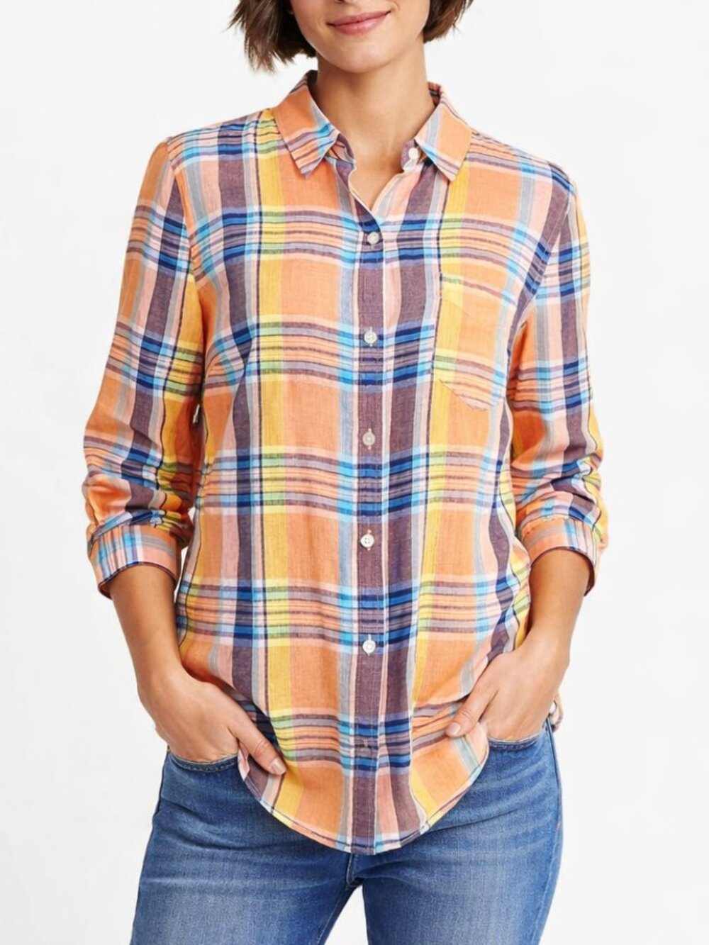 Old Navy Orange Blue Yellow Gauze Plaid Long Sleeve Button Down Shirt, Size M